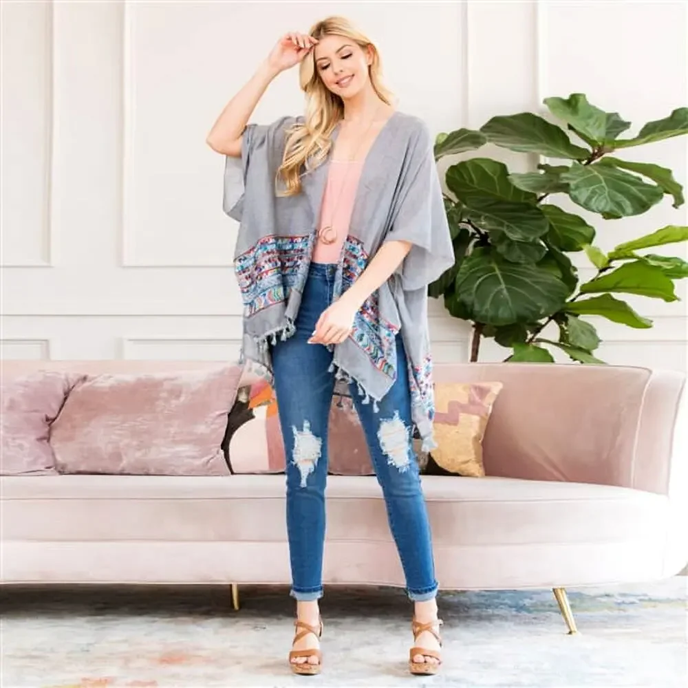 New! RAJ Aztec Embroidered Tassel Trim Beach Cover-up Boho Kimono Shawl Wrap